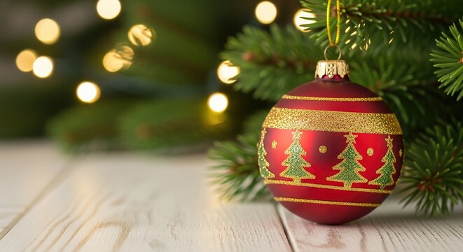 Red and Gold Christmas Ornament with Pine Tree Design on Pine Branch