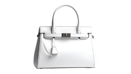 Pristine white satchel handbag with a structured silhouette, top handles, and a subtle, silver clasp detail
