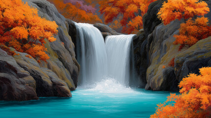 The image depicts a majestic waterfall cascading between rocky cliffs into a serene turquoise pool, surrounded by vibrant autumn trees with brilliant orange and red foliage, creating a breathtaking na