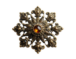 Ornate bronze snowflake brooch with amber gemstone center, intricate detailing and a dark background