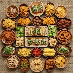Fototapeta premium assorted traditional Mexican street food, or antojitos, on a woven mat. The composition features different shapes, sizes, and colors of antojitos, such as tacos al pastor, elote, and churros,