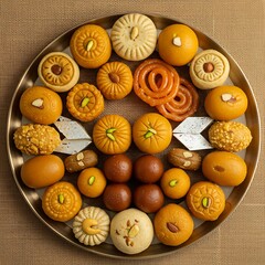 assorted traditional Indian sweets, or mithai, on a woven mat. The composition features different shapes, sizes, and colors of mithai, such as gulab jamun, jalebi, and laddoo 