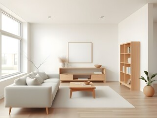 Fototapeta premium Bright Minimalist Interior with Sofa and Wooden Furniture in a Spacious Room