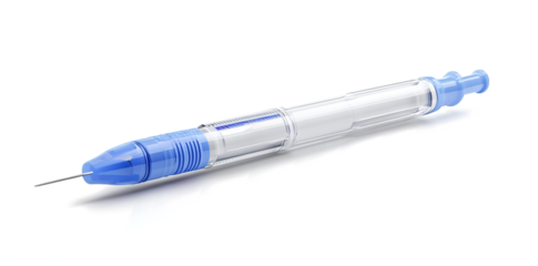  blue and white Sterile insulin pen lying on the table