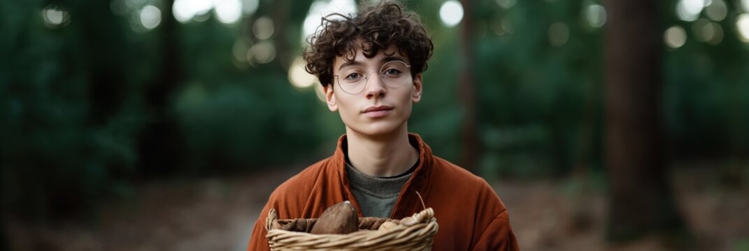 Young caucasian male gathering harvest in forest with basket of mushrooms
