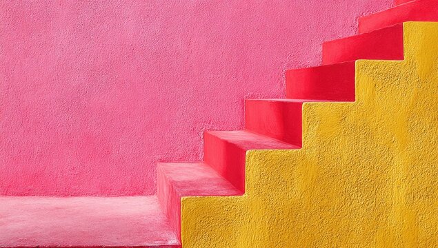 Vibrant steps painted in red and gold ascend against a backdrop of soft pink. - Powered by Adobe