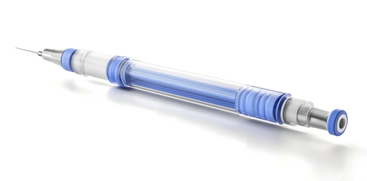  blue and white Sterile insulin pen lying on the table
