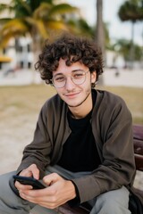 Young caucasian male sitting outdoors with smartphone in park