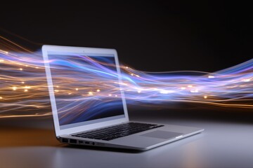 Laptop with dynamic light trails representing high-speed data transfer