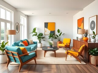 Fototapeta premium Bright and Airy Modern Interior Living Room with Mid-Century Furniture