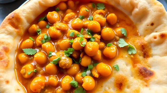 Chickpeas masala (Spicy chola or chhole curry) and Bhatura or Puri garnished with fresh green coriander and ingredients. A Classic Indian typical Panjabi street food.