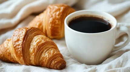 Cup of coffee and croissants on a white background.