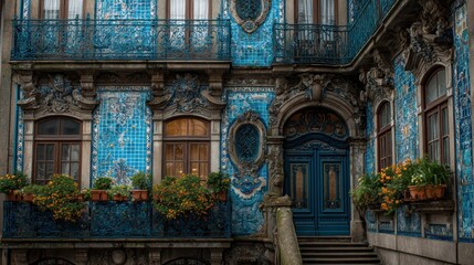 Detailed facade of traditional Portuguese architecture, colorful azulejo tiles