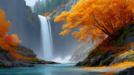 The image depicts a breathtaking waterfall cascading down a steep cliff into a clear turquoise river, surrounded by vibrant autumn trees with fiery orange and red leaves, creating a striking contrast 