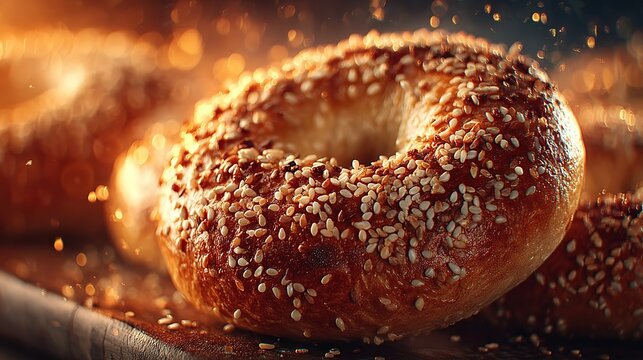 Close-up of sesame seed bagels in high resolution showcasing texture and rich colors for food imagery, culinary marketing, or social content