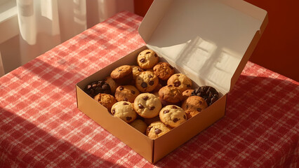 Box of assorted muffins and chocolate chip cupcakes on red checkered tablecloth in warm sunlight