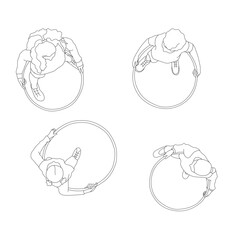 Vector overhead view kids playing hula hoop, CAD illustration set