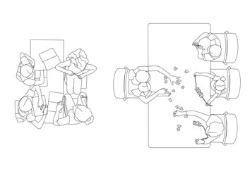 Vector overhead view school class with teacher and kids studying, educational CAD blocks set