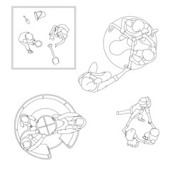 Vector top view kids on playground, swing, slide and roundabout, CAD illustration set
