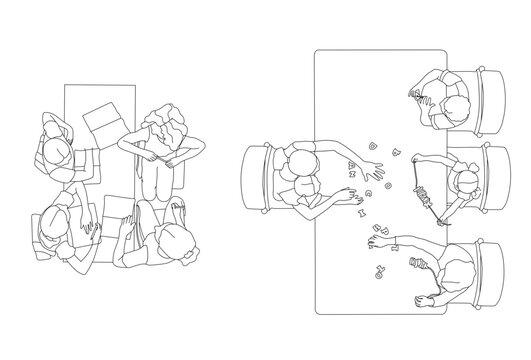 Vector overhead view school class with teacher and kids studying, educational CAD blocks set