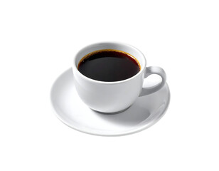 A single serving of dark, hot coffee in a small, white cup and saucer, set against a black background