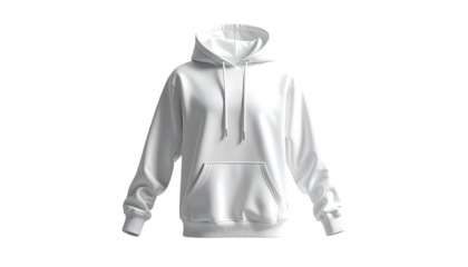 A plain white hooded sweatshirt, front view, featuring a kangaroo pocket and drawstring hood.  The fabric appears soft and comfortable