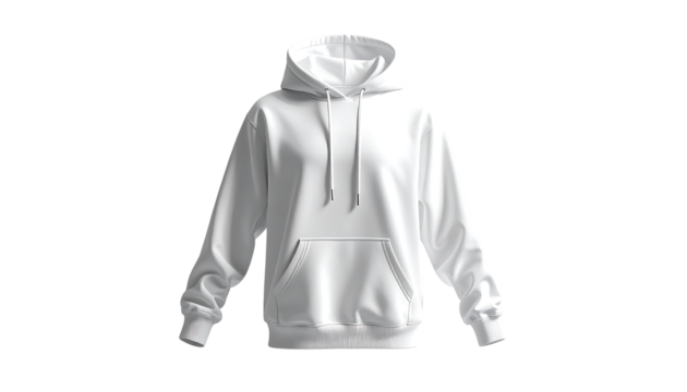 A plain white hooded sweatshirt, front view, featuring a kangaroo pocket and drawstring hood.  The fabric appears soft and comfortable