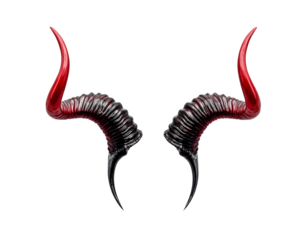 A striking pair of twisted horns with a combination of dark and vibrant red colors, showcasing intricate textures and an eye-catching design.