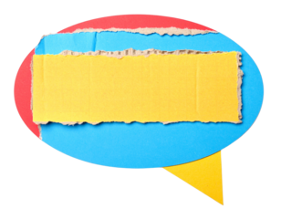 A colorful speech bubble made of layered paper shapes, featuring a blank yellow area for text, surrounded by blue and red edges.