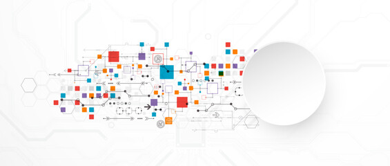 Abstract technology concept. Circuit board, high computer color background. Vector illustration with space for content, web - template, business tech presentation.