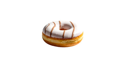 A single, round donut with a white icing base and thin, dark brown stripes.  The donut has a slightly visible, pale yellow interior