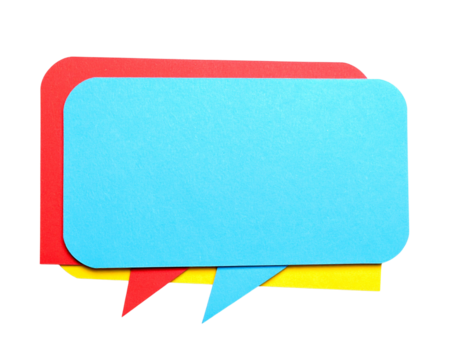 Three colorful speech bubbles in red, blue, and yellow stacked together, suggesting communication and conversation.