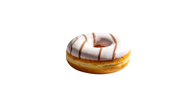 A single, round donut with a white icing base and thin, dark brown stripes.  The donut has a slightly visible, pale yellow interior