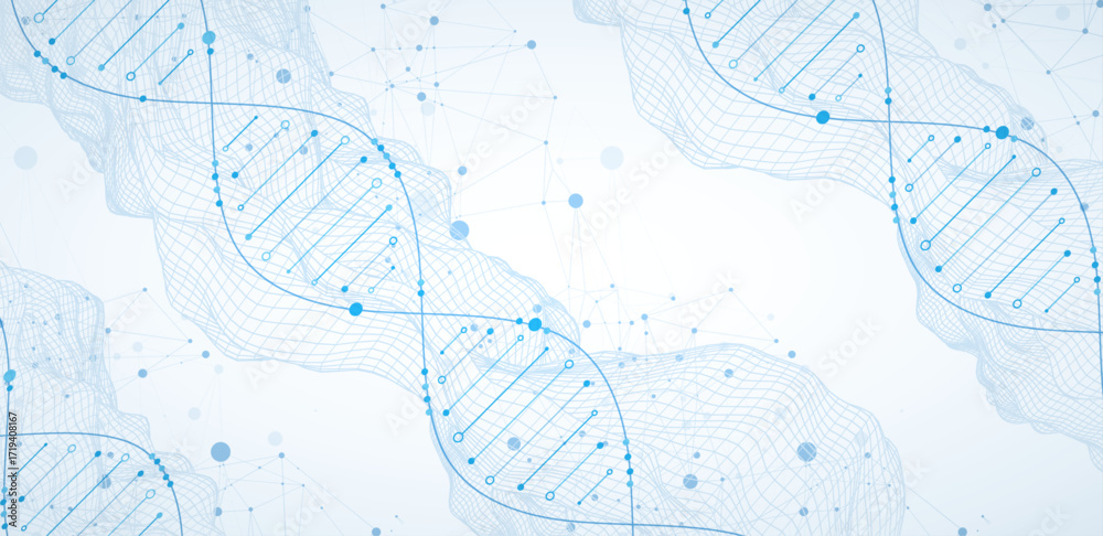 Wall mural abstract image of dna molecule on wireframe wave. scientific vector background.
