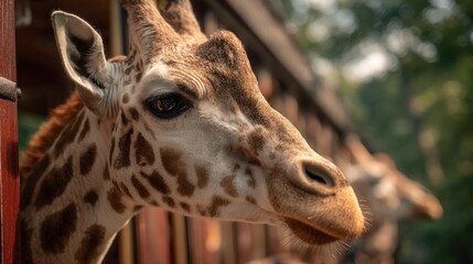 Fototapeta premium Detailed giraffe portrait peeking through wooden structure outdoors