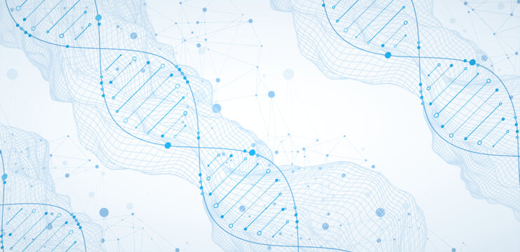 Abstract image of DNA molecule on wireframe wave. Scientific vector background.