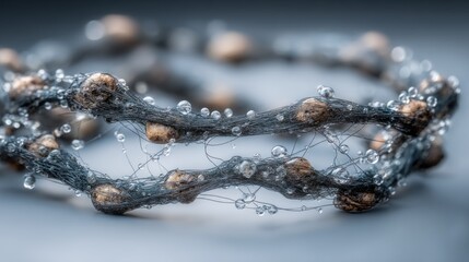 Delicate Wet Strand with Earthy Embeds and Water Droplets Close Up