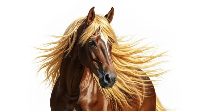 Majestic brown horse with a long, flowing blonde mane isolated on a white background.