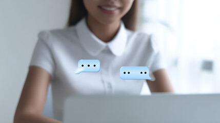 Woman in white shirt using laptop with speech bubble icons floating above, indicating communication or messaging