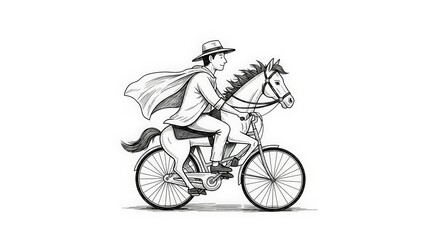 Obraz premium A whimsical black and white drawing of a man in a cape and hat riding a horse-bicycle hybrid.