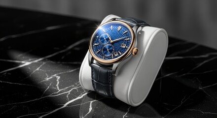 Luxury Blue Dial Watch with Leather Strap on White Stand