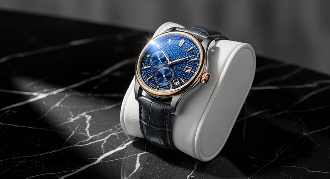 Luxury Blue Dial Watch with Leather Strap on White Stand