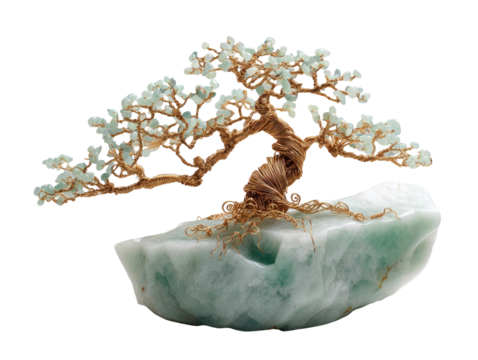 Ornate bonsai, light teal stone base