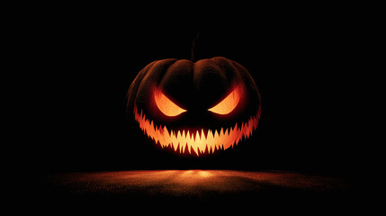 Fototapeta premium Creepy glowing pumpkin with sinister carved face isolated on transparent background 