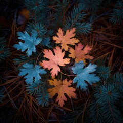 Vibrant autumn leaves of orange and teal hues nestled amongst dark pine needles, creating a captivating woodland scene.