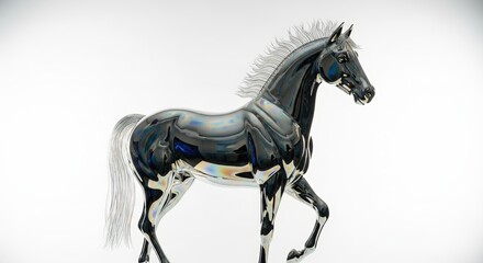 Fototapeta premium A stunningly detailed glass sculpture of a black and white horse in motion.