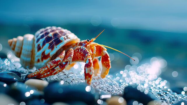 Close-up of a hermit crab emerging from its colorful shell on a pebble beach with ocean waves splashing