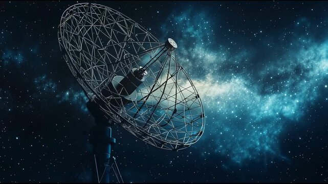 Large radio telescope scanning vast cosmic landscape, detecting distant signals and analyzing astronomical phenomena with precision scientific equipment