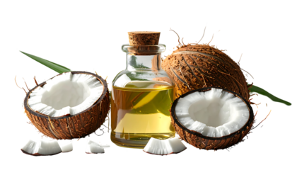 A glass bottle of coconut oil sits amidst halved coconuts, coconut pieces, and fronds on a dark background