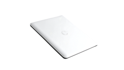Sleek white laptop, closed, angled slightly, showcasing a minimalist design with a single circular logo